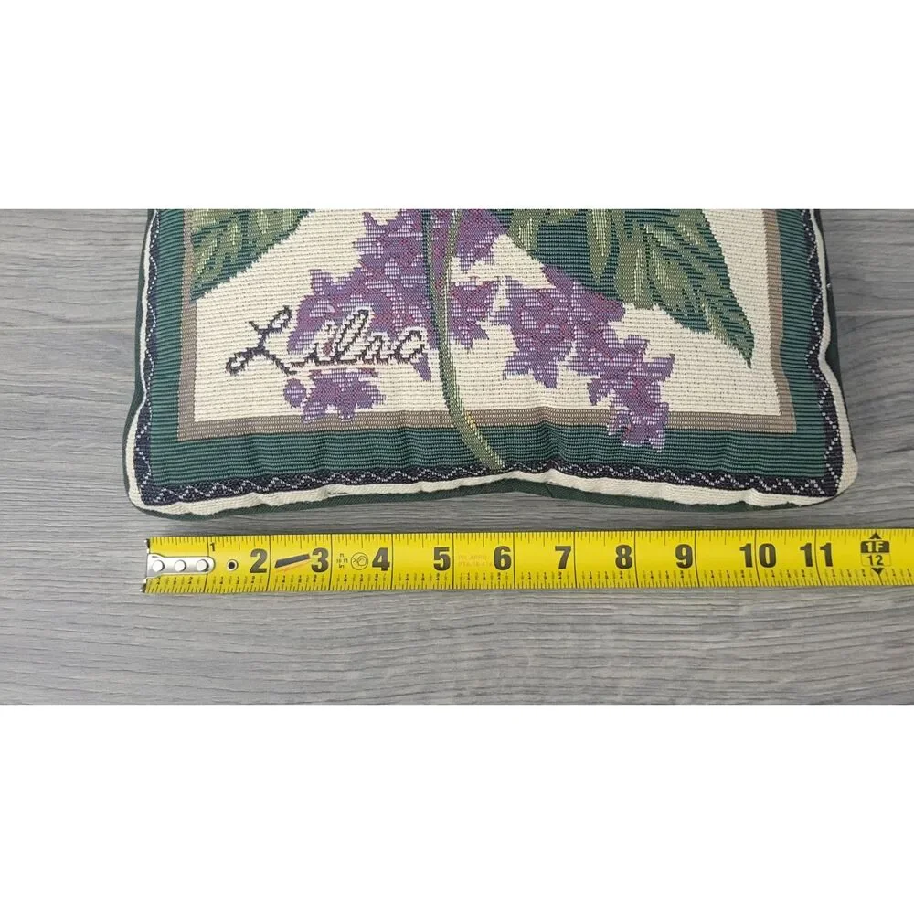 VTG Floral Tapestry Throw Pillow Purple Lilac Green Leaves Script Lettering